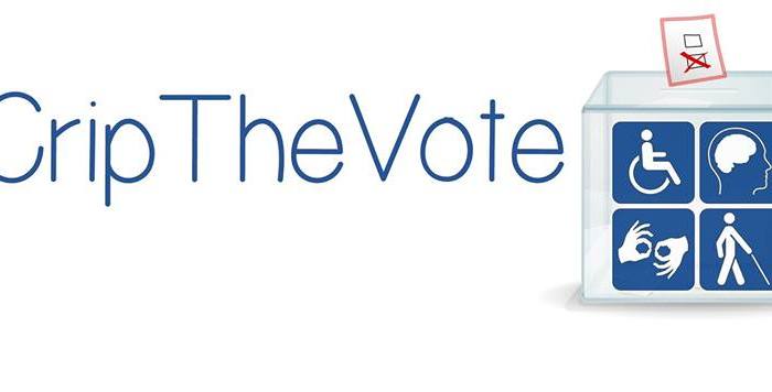Graphic with a white background. In blue text, it reads: #CripTheVote. On the right side is the graphic of a voting box with a marked ballot and the box has 4 quadrants with pictures of a wheelchair, 2 hands signing, a person using a cane and image of a person's brain