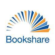 Logo for Bookshare with the word 'Bookshare' and a blue and orange pages fanned in an arc above the word.