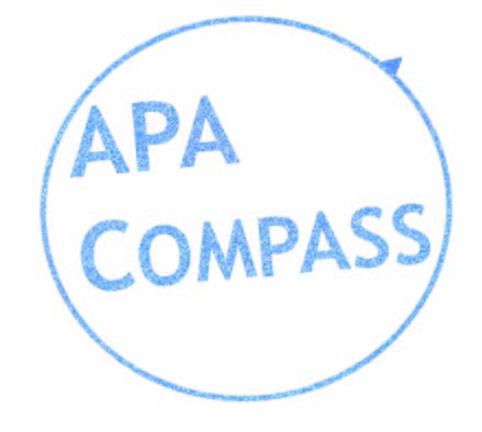 A white background with a blue circle and a little needle sticking out like a compass. Inside the circle are the words in blue: APA Compass