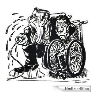Black and white illustration of a person in a wheelchair being squeezed by a caricature of Jerry Lewis who is speaking from a microphone as tears are pouring out of him, forming a puddle on the floor