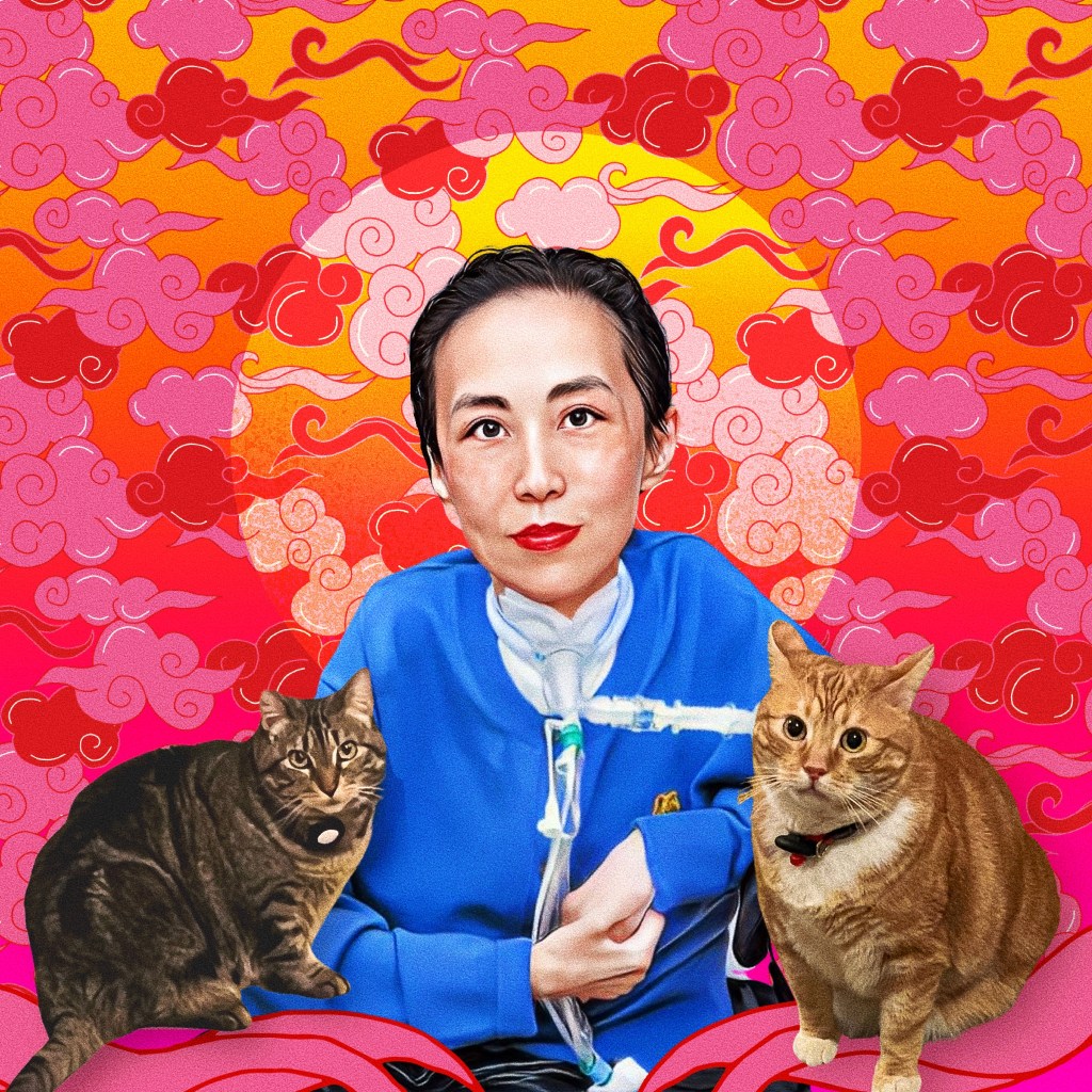 Digital portrait by Jen White-Johnson. An Asian American woman with a tracheostomy and a tube attached to her throat in a wheelchair. She is wearing a bright red lip color and a blue cardigan. On the left is her cat Bert, a brown tabby, and to her right is Ernie, an orange cat. Behind them is a pink background with a round halo enveloping them. There are curly stylized red and orange clouds in the background.