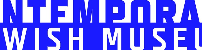 Text in dark blue that reads: Contemporary Jewish Museum. The words 'Jewish Museum' are in white against a blue background. In smaller words at the bottom row is the phrase, "connecting art, people, and ideas"