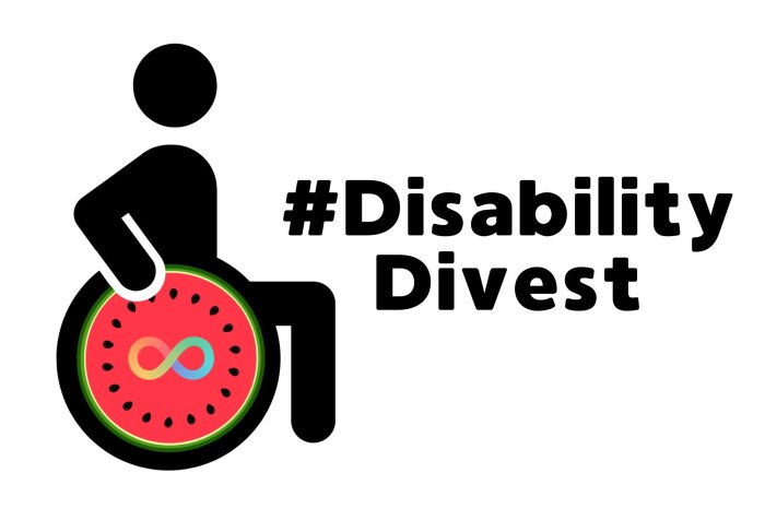 The Disability Divest logo, a wheelchair user icon, but the wheel of the wheelchair is the inside slice of a watermelon. At the center of the watermelon is the rainbow neurodivergence infinity sign. The hashtag Disability Divest is written beside the logo in black.