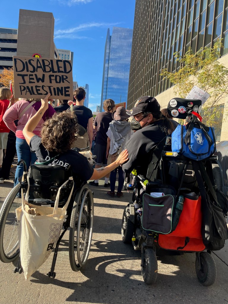 Allie’s back facing, in their wheelchair, marching with a dog on lap, with a cardboard sign that says “Disabled Jew for Palestine”. Al’s hand is holding the shoulder of a fellow masked wheelchair user, Ed, who’s back is also facing the camera. He has bags on the back of his chair as  well as many pins on his headrest.