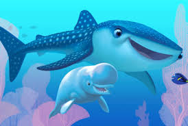 An animated scene from the Pixar film "Finding Dory." A whale shark, beluga whale saying hello underwater to a small blue tang.
