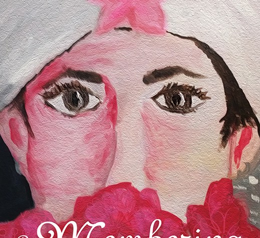 This image is the cover of my book. It features a self-portrait painting I did of myself on my wedding day. I wear a white wedding hat with a pin flower on it, and my face is covered below the nose by a bouquet of red and dark pink flowers. My eyes are emphasized in size and by long, black eyelashes. My name, Ann Millett-Gallant, is printed in black font at the top of the image, and the title of the book, Re-Membering: Putting Mind and Body Back Together Following Traumatic Brain Injury, is printed in white font at the bottom of it.