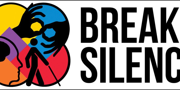 Logo that reads "Breaking Silences" On the left hand side of the text are numerous intersecting circles in different colors. Each circle has a different image: the male and female symbols, two hands signing in American Sign Language, a stick figure with a cane, the image of a person's head and brain, an figure of a wheelchair user.