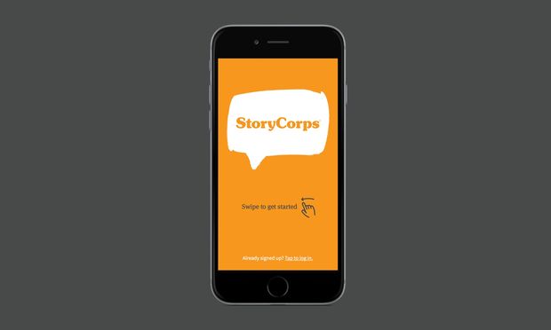 Image of a smartphone with the display showing the StoryCorps App. The display says: StoryCorps, Swipe to get started.
