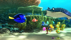 An animated scene from the Pixar film "Finding Dory." A coral reef with a blue tang fish talking to several smaller sea creatures and a manta ray