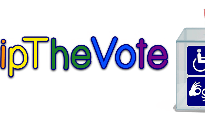 Graphic with a white background. In text in rainbow colors (red, orange, yellow, green, blue purple), it reads: #CripTheVote. On the right side is the graphic of a voting box with a marked ballot and the box has 4 quadrants with pictures of a wheelchair, 2 hands signing, a person using a cane and image of a person's brain