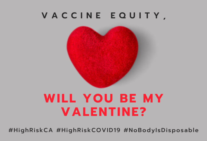 Graphic with a slate gray background with a red heart that looks like a 3-dimensional felt object. At the top in black: VACCINE EQUITY, in red text, WILL YOU BE MY VALENTINE? Below in black text: #HighRiskCA #HighRiskCOVID19 #NoBodyIsDisposable