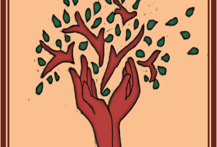 Image of a tree made of a figure of two outstretched hands as the trunk of the tree in brown. Other banshees are extending from the 2 hands with various green leaves.