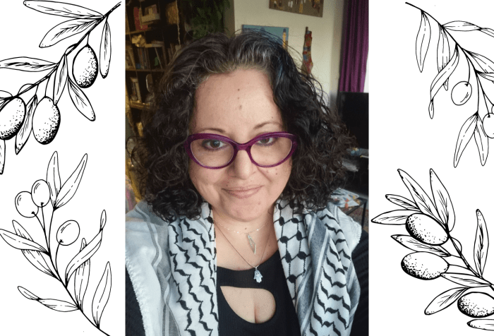 Graphic with a white background and illustrations of olive tree branches on all four corners. In the center a photo of a Palestinian Jordanian woman in her 40s with dark curly hair, purple glasses wearing her Palestinian kuffiyeh over her shoulders as well as a necklace of the map of Palestine, behind her on the wall is an embroidered map of Palestine