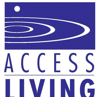 Logo for Access Living. A purple rectangle with concentric white ovals with a white circle above the rings.