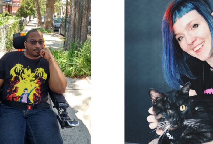 Two photos side by side of André J. Daughtry and Cherry Thompson: [left] Photo of André J. Daughtry, a Black man sitting in a motorized wheelchair, wearing a black T-shirt and blue jeans. [right] Cherry Smiling at the camera with their one eyed cat Odin on their lap.