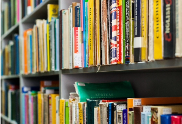Rows of books on a bookshelf at a library