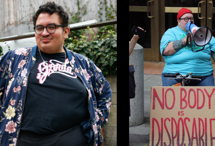 Left: Caleb, a fat brown disabled femme, places their hands on their hips and looks at the camera defiantly. They are wearing blue plants, a blue bomber jacket with pink florals, and a black t-shirt that reads GORDA in a cursive script. Right: Max Airborne, a fat white person wearing blue jeans, an aqua t-shirt, a red knit beanie and round glasses, sits on a scooter in front of San Francisco ICE headquarters, speaking through a bullhorn. Resting on the front of their scooter is a large cardboard sign hand-painted with the words "No Body Is Disposable." On their left someone is interpreting in ASL, and on their right someone is recording audio using a handheld device.