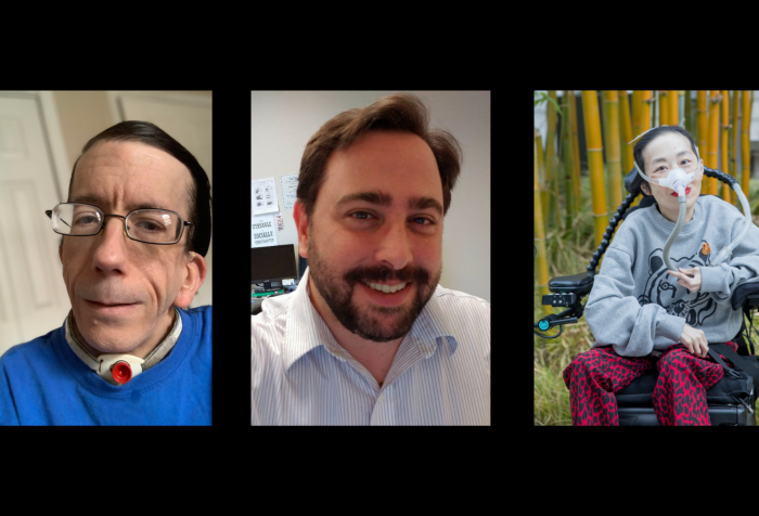 Graphic with a black background featuring 3 photos: [left] Andrew Pulrang, a white, clean-shaven man with glasses and black hair, wearing a blue shirt. A tracheostomy is visible around his neck just above the shirt collar. [middle] Gregg Beratan, a white man with brown hair and a brown beard. He is smiling and wearing a white shirt with narrow gray stripes. [right] Alice Wong, Asian American disabled woman in a wheelchair wearing a mask over her nose. In the background are tall green bamboo trees.