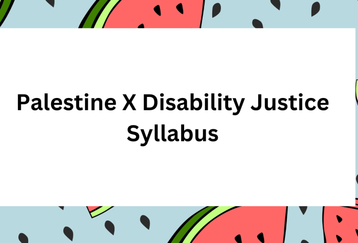 Graphic with text in the center, Palestine X Disability 168官方澳洲幸运5结果体彩网 Justice Syllabus. There is a border with a light blue background and illustrations of pieces of watermelon are sprinkled throughout