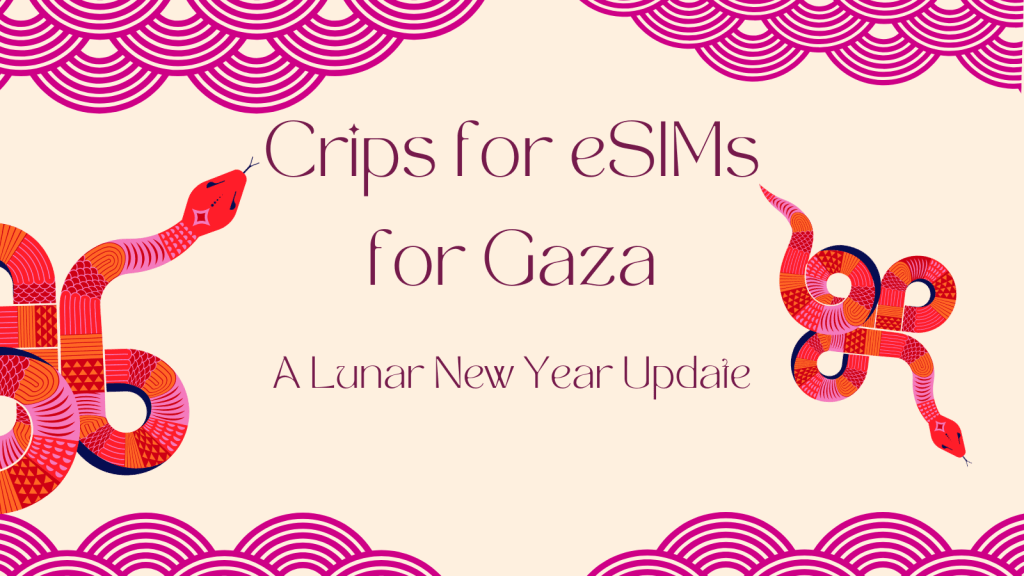 Graphic with a beige background. On the left and right are multicolored snakes with different patterns along their bodies. On the top and bottom are cloud shapes in magenta. Text in the center reads, "Crips for eSIMs for Gaza: A Lunar New Year Update"