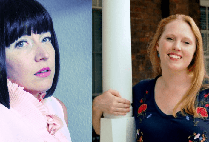 [Left] White woman wearing high-collared shirt looks at camera. No smile. [Right] A white woman with long, straight blondish-reddish hair. She smiles at the camera, eyes slightly squinted in the sunlight, with one arm wrapped around a narrow pillar on a brick building. Her shirt is gray with a flower pattern. There are benches on the porch behind her.