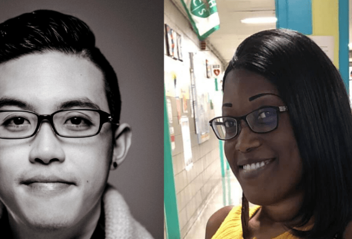 [left] Dayniah Manderson, a young Black woman with long black hair and eyeglasses. She is in a power chair and wearing a yellow sleeveless shirt. She at her classroom door with the hallway in the background. [right] A Chinese American man with black hair dressed in a plaid shirt and cable-knit sweater.