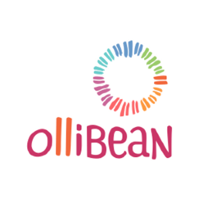 Logo of a white background with the word 'ollibean' in magenta and red letters. Above the word is a circle made with multi-colored lines