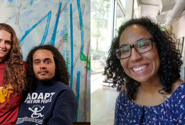 [left] Photo of life-partners and Co-Executive Directors of The Partnership for Inclusive Disaster Strategies, Shaylin Sluzalis and Germán Parodi. On the left is Shaylin Sluzalis, a white woman with long brown curly hair, in a red long sleeve ADAPT shirt smiles as she sits on the side of Germán Parodi's wheelchair who is on the right of Shaylin.  Germán Parodi, a Puerto Rican man is sitting in his manual wheelchair with long dark brown curly hair, in a long navy blue ADAPT shirt with a slight grin and his arm around Shaylin. Their background is a light blue painting with multi-colored lines from wheelchair wheels with paint, a project done by disabled Philadelphian's with Disability Pride Philadelphia. Photo credit: Albert Yee [right] Biracial woman with curly black hair is smiling for the camera. She has black-rimmed glasses and is wearing a blue, flowered romper. She is seated in a coffee shop, backs of patrons visible behind her.