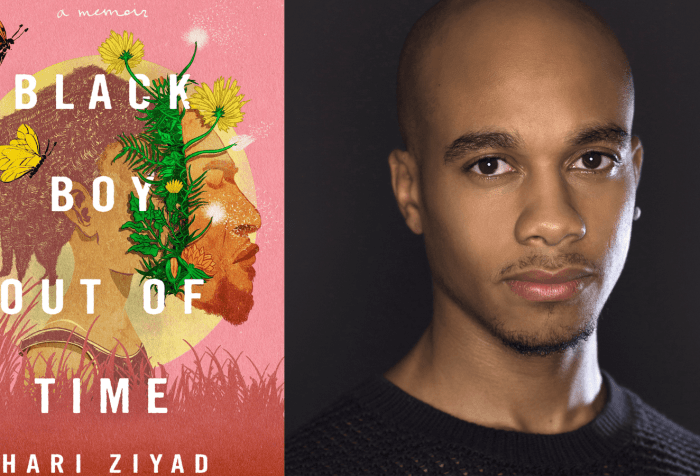 [left] An illustration of a child facing the right with neck-length, matted brown hair, standing in front of a faded yellow sun that encircles the profile of the child's face. The child is wearing a burgundy tank top which is partially covered by tall red grass that also covers the bottom of the illustration all the way up to the child's chest. The child's face is hidden behind the mask of another face resembling an adult Hari Ziyad with facial hair and their eyes closed, and there is an outgrowth of dandelions between the two faces. There is an orange butterfly flying to the left of the child's hair and a yellow butterfly flying in front of the hair, and everything is drawn over a pink background. In small cursive white letters above the sun are the words "a memoir," and in white block letters over the child's face are the words "BLACK BOY OUT OF TIME." At the bottom over the red grass are smaller white block letters reading, "HARI ZIYAD." [right] Hari Ziyad, a Black person with a bald head and short facial hair, stands in front of a dark grey background looking into the camera with a slight smile. They are shown from the shoulders up wearing a black knitted sweater, with a black circular earring in their left ear. Photo by Brandon Nick