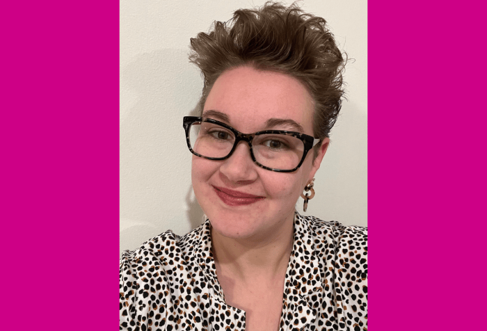 Graphic with a magenta background and in the center is a photo of Helen, a white person with short brown hair and glasses wearing a patterned shirt and red lipstick