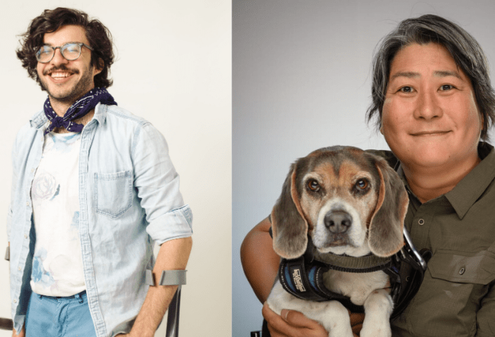 [left] Alex, an above the knee amputee, poses joyously in a monochromatic light blue outfit and a dark blue bandana around his neck. Balancing on his crutches, he beams looking off into the distance with his dark brown, wavy hair framing his face. [right] Photograph of Karen Nakamura (an asian american woman with short hair) holding her service dog Momo, a grey and white beagle. The photograph is studio quality.