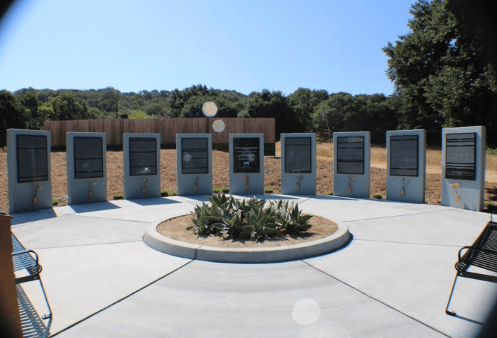 Graphic with a black background with a photo of a monument on the grounds of Napa State Hospital in Northern California. It consists of several gray pillars with black displays with white texts, too far away to read. In the foreground are several large spiky succulent plants. In the background are a wooden fence and trees underneath a blue sky.