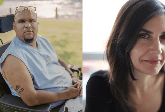 [left] Andres "Jay” Molina, a Dominican man with a goatee and reading glasses perched on top of his head, sits in a wheelchair outside on a sunny day. There is grass and water in the background. He wears a light blue T-shirt and looks straight into the camera with a serious expression. Photo credit: Elias Williams [right] Alexis Neophytides, a white woman with long dark hair, sits inside in front of a window. She is wearing a long sleeved black shirt and smiles softly at the camera.