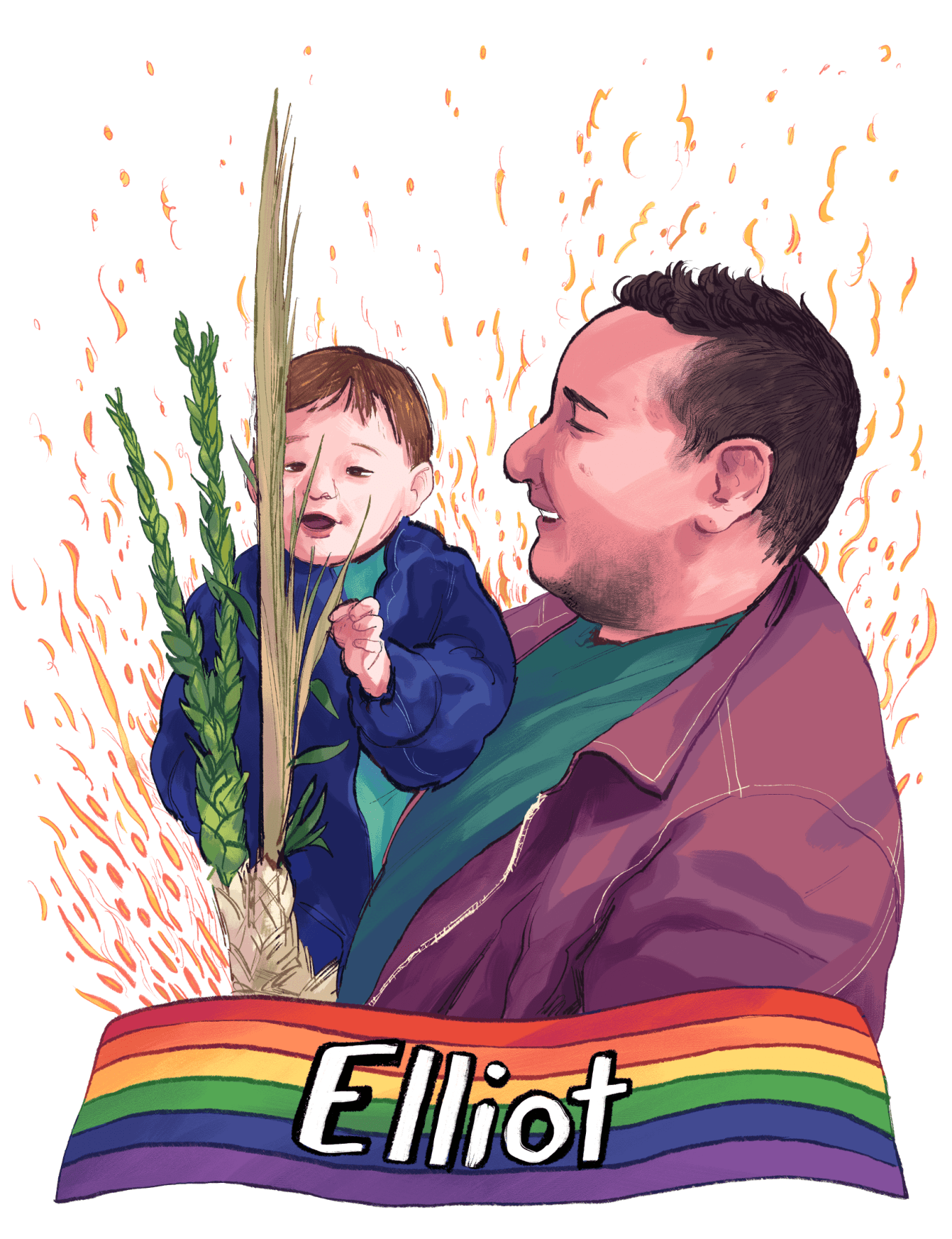 A portrait illustration by Ashanti Fortson of Elliot, a smiling adult holding a lulav made of three of the four species of the Jewish holiday of Sukkot (willow, palm branch, and myrtle), as well as a happy-looking child poking at the lulav frond. Elliot is a fat, non-binary, white, Ashekenazi Jew with light skin, dark brown hair, round features, and stubble along their chin. Elliot is wearing a cool green shirt and a muted red jacket. The child has light skin, medium-brown hair, and is around two years old. The child is wearing a bright green shirt and a poofy royal blue jacket. Around and behind the two figures, abstracted yellow-orange shapes swirl outwards in a celebratory way. The image background is white. At the bottom of the illustration, the name "Elliot" is written in white letters on top of a rainbow Pride flag.