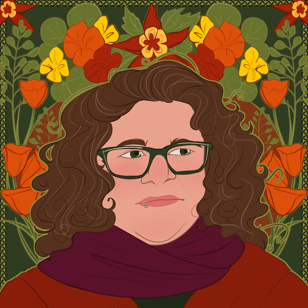 An illustration of s.e. smith, a white person with curly brown hair streaked with silver wearing an orange sweater and a large purple scarf. Behind s.e.’s head, a spray of poppies, nasturtiums, and columbine in hues of orange, red, and yellow against a green background. (Illustration by Michaela Oteri)