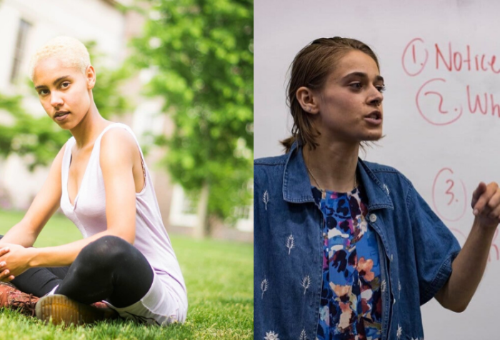 Left: A light-skinned Black woman with a blonde buzzcut and a lavender dress sits on the grass in front of two Brown University buildings, one of which was built by enslaved Black people. She is looking into the camera. Right: A white femme-presenting person with dark blonde hair stands in front of a white board with a blue floral shirt and a jean jacket. The white board has red text on it, which states: “1. Notice: How much space are you taking? 2. What do you have to add? Do you need to speak on this topic? 3. Lean into discomfort. 4. Recognize power dynamics and privilege in this space.” 