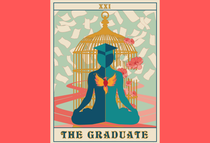 Graphic with a coral orange background featuring a tarot card of The Graduate illustrated by Kat Woodward. The Graduate is at once grounded in the earth and floating in space, surrounded by pieces of paper scattered to the wind. In the center is a figure with a graduation cap perched carefully atop their head and a burgeoning phoenix at their chest. Behind the Graduate are two winding paths and a gilded, golden cage with flowers blooming from its partially broken bars.