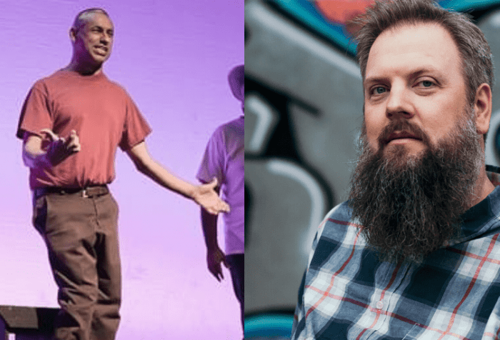 [Left] Photo of Samuel Valdez, performing in his show And He Became Man. A Latino disabled man questions his manhood by looking back at his life recalling major events influencing him, asking, “What is a man”. [Right] Photo of Jason Dorwart, a white male about 40 years old with a long beard and greying hair looks at the camera. He wears a blue and red plaid shirt. Behind him is a mural silver, pink, and blue graffiti lettering.