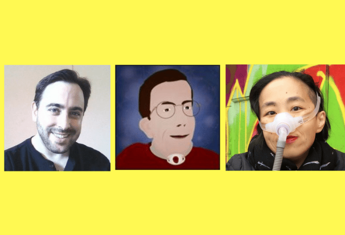Graphic created and uploaded with the recording to the StoryCorps app on January 23, 2017 featuring Gregg Beratan, Andrew Pulrang and Alice Wong. A bright yellow background with three images in a row in the center. On the left: a photo of a young white man with short dark brown hair and beard. He is wearing a black shirt and smiling at the camera. In the middle: graphic of a white man with brown hair and eyeglasses. He has a dark red sweater on and a tracheostomy in the center of his neck marked by a white oval with a hole. The background is dark purple-blue with splotches of light purple throughout. On the right: an Asian American woman in a wheelchair wearing a black jacket and black scarf. She is wearing a mask around her nose with along gray tube. Behind her is a brick wall with colorful street art.