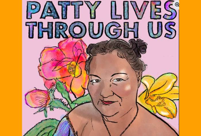 Graphic with an orange background. Patty Berne,a Japanese-Haitian person with light brown skin, smiles playfully with love and light shining from their brown eyes. They wear an off the shoulder opalescent blue dress and an amethyst pendant. Their brown hair is pulled back into their signature two buns. Behind Patty is a pink background with radiant red and yellow flowers. At the top of the image, iridescent capital letters spell out “PATTY LIVES THROUGH US.” On the bottom right corner is Sins Invalid’s logo, a black rectangular box with white letters that read “Sins Invalid.”