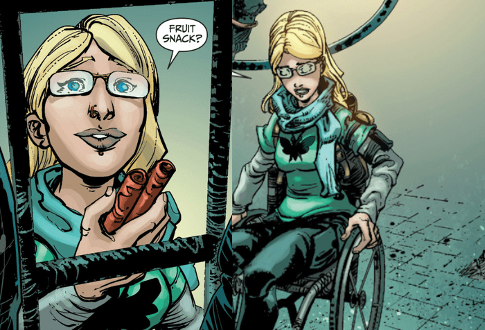 A panel from a comic book. On the left is an image of a blond woman holding fruit roll-ups. She is blonde, has blue eyes and wear glasses. She's holding the snacks and there's a bubble that says, "Fruit Snack?" on the right side is another image of the same woman in a wheelchair wheeling herself. She is wearing a green top and dark blue pants
